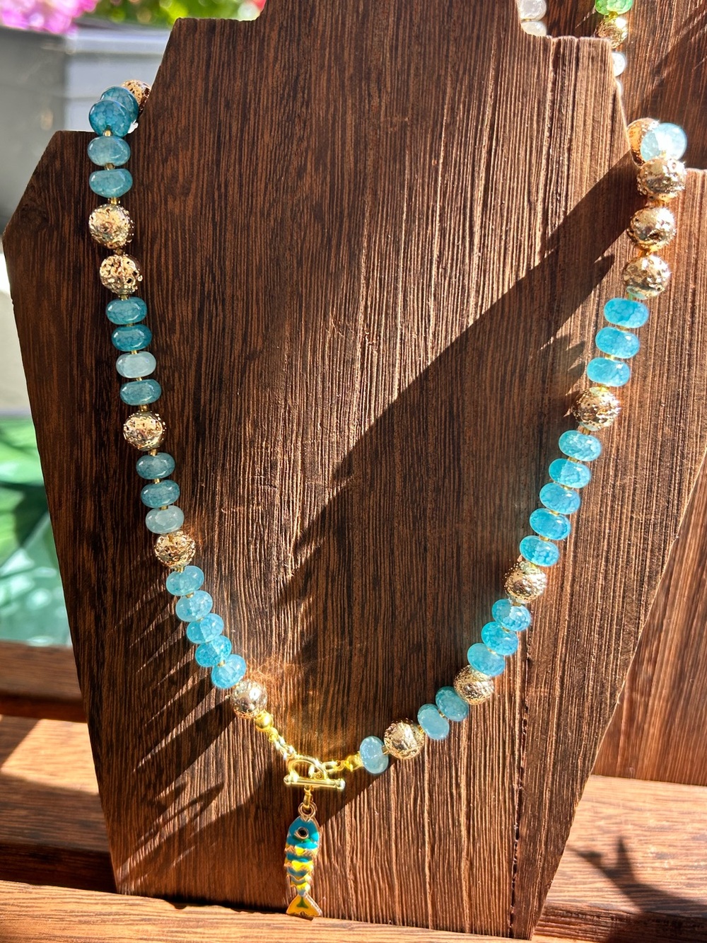 Aqua Beaded Gold Accent Necklace with Fish Charm OOAK